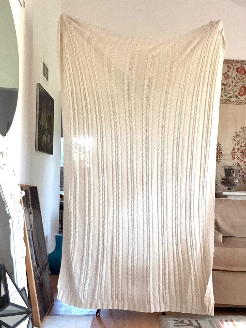 throw ivory cotton fine knit 60x80 pristine condition